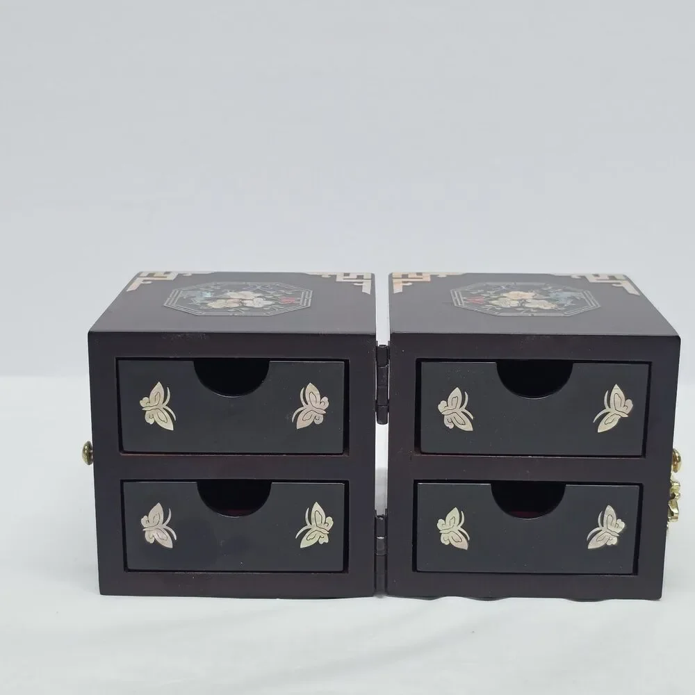 Vintage Korean Traditional Mother Of Pearl Inlay Twin Cube Folding Jewelry Box